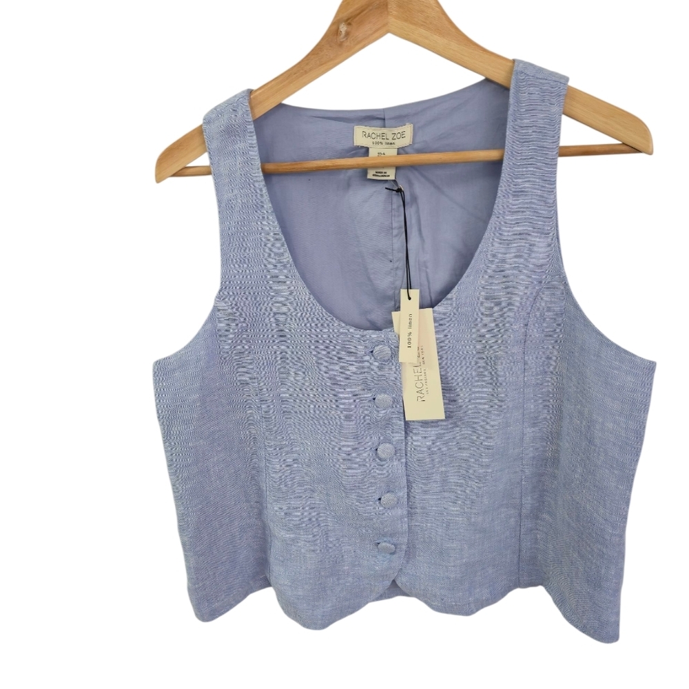 NWT Rachel Zoe 100% Linen Covered Button Vest Blue Size Large